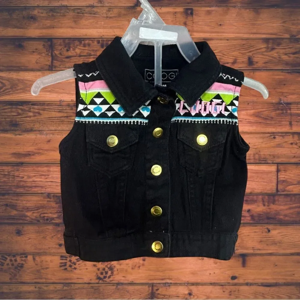 5 for $25🔥COOGI Vintage Black Denim Embroidered Vest Girls Size 12‎ Months